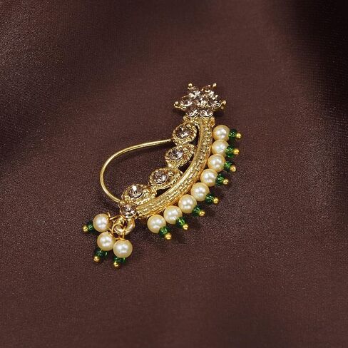 I Jewels 18k Gold Plated Indian Wedding Bollywood Ethnic Bridal Nose Ring/Nath without piercing Encased with Pearl Stone for Women/Girls (NL45-46) in Saudi Arabia