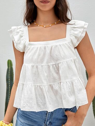 SweatyRocks Women's Ruffle Cap Sleeve Square Neck Flared Hem Blouse Shirt Tops in Saudi Arabia