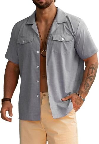 قميص هاردادي للرجال بأكمام قصيرة وأزرار للأسفل، قميص صيفي للشاطئ، بياقة كوبية، قمصان للإجازات، قماش مزخرف بجيوب in Kuwait
