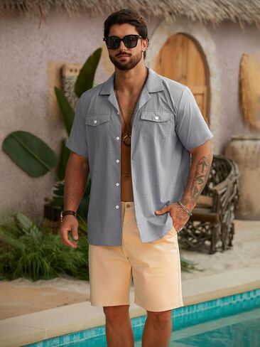 قميص هاردادي للرجال بأكمام قصيرة وأزرار للأسفل، قميص صيفي للشاطئ، بياقة كوبية، قمصان للإجازات، قماش مزخرف بجيوب in Kuwait