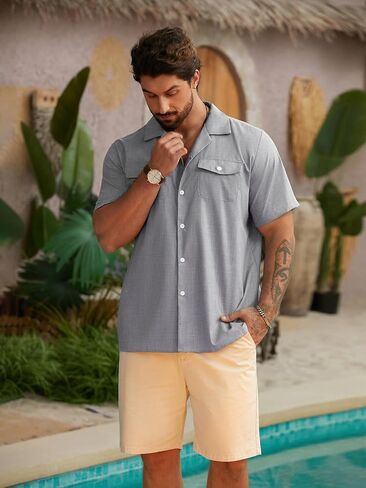 قميص هاردادي للرجال بأكمام قصيرة وأزرار للأسفل، قميص صيفي للشاطئ، بياقة كوبية، قمصان للإجازات، قماش مزخرف بجيوب in Kuwait
