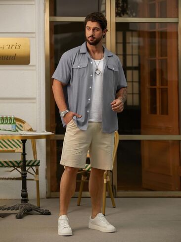 قميص هاردادي للرجال بأكمام قصيرة وأزرار للأسفل، قميص صيفي للشاطئ، بياقة كوبية، قمصان للإجازات، قماش مزخرف بجيوب in Kuwait