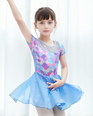 Gogokids Girls Ballet Leotards Toddler Dance Dress Short Sleeve Dance Leotards, Matching Hair Scrunchie in Saudi Arabia