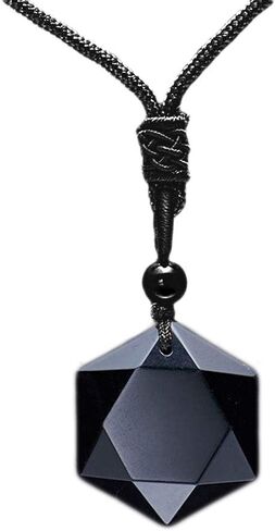 Black Obsidian Hexagram Natural Stone Necklace Translucent Ice Obsidian Wolf Tooth Amulet His and Hers Couples Necklace Lucky Love Pendant Necklace for Men Women in Saudi Arabia