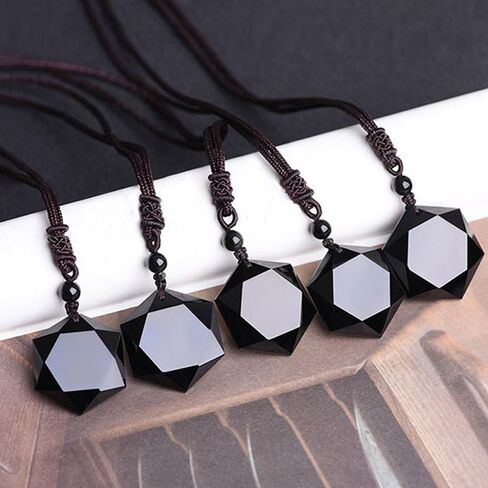 Black Obsidian Hexagram Natural Stone Necklace Translucent Ice Obsidian Wolf Tooth Amulet His and Hers Couples Necklace Lucky Love Pendant Necklace for Men Women in Saudi Arabia