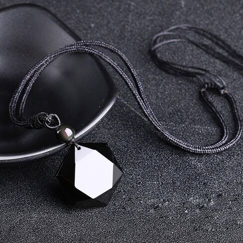 Black Obsidian Hexagram Natural Stone Necklace Translucent Ice Obsidian Wolf Tooth Amulet His and Hers Couples Necklace Lucky Love Pendant Necklace for Men Women in Saudi Arabia
