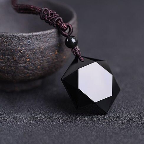 Black Obsidian Hexagram Natural Stone Necklace Translucent Ice Obsidian Wolf Tooth Amulet His and Hers Couples Necklace Lucky Love Pendant Necklace for Men Women in Saudi Arabia