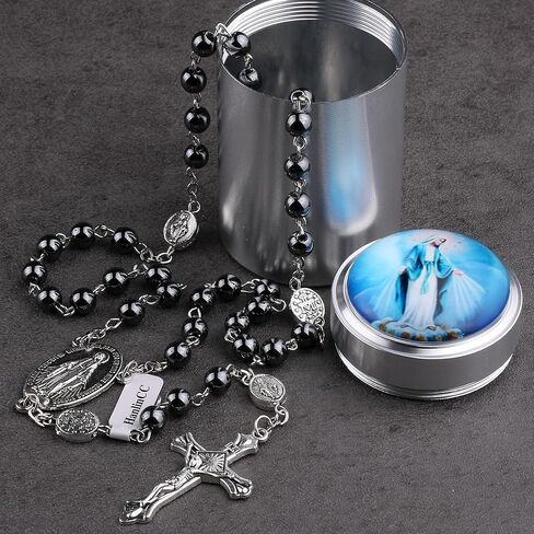 HanlinCC 6 مم خرز حجر الهيماتيت الأسود معجزة، لورد، غوادالوبي، سانت مايكل، قلادة مسبحة كاثوليكية يسوع القلب الخائف مع صندوق هدايا معدني للرجال والنساء in Kuwait