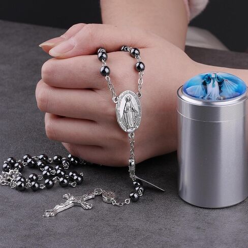 HanlinCC 6 مم خرز حجر الهيماتيت الأسود معجزة، لورد، غوادالوبي، سانت مايكل، قلادة مسبحة كاثوليكية يسوع القلب الخائف مع صندوق هدايا معدني للرجال والنساء in Kuwait