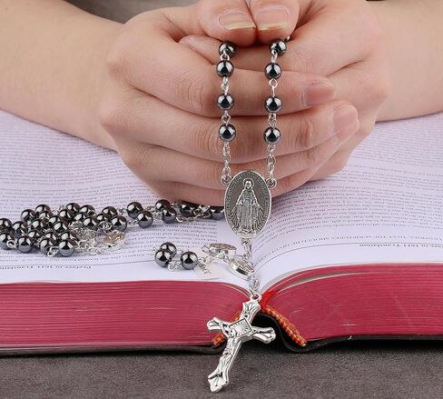 HanlinCC 6 مم خرز حجر الهيماتيت الأسود معجزة، لورد، غوادالوبي، سانت مايكل، قلادة مسبحة كاثوليكية يسوع القلب الخائف مع صندوق هدايا معدني للرجال والنساء in Kuwait