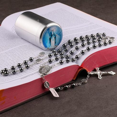 HanlinCC 6 مم خرز حجر الهيماتيت الأسود معجزة، لورد، غوادالوبي، سانت مايكل، قلادة مسبحة كاثوليكية يسوع القلب الخائف مع صندوق هدايا معدني للرجال والنساء in Kuwait