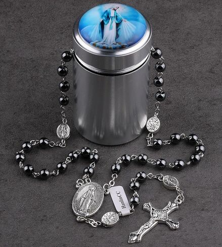 HanlinCC 6 مم خرز حجر الهيماتيت الأسود معجزة، لورد، غوادالوبي، سانت مايكل، قلادة مسبحة كاثوليكية يسوع القلب الخائف مع صندوق هدايا معدني للرجال والنساء in Kuwait