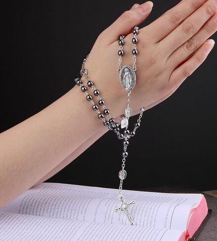 HanlinCC 6 مم خرز حجر الهيماتيت الأسود معجزة، لورد، غوادالوبي، سانت مايكل، قلادة مسبحة كاثوليكية يسوع القلب الخائف مع صندوق هدايا معدني للرجال والنساء in Kuwait