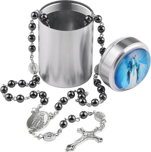 HanlinCC 6 مم خرز حجر الهيماتيت الأسود معجزة، لورد، غوادالوبي، سانت مايكل، قلادة مسبحة كاثوليكية يسوع القلب الخائف مع صندوق هدايا معدني للرجال والنساء in Kuwait