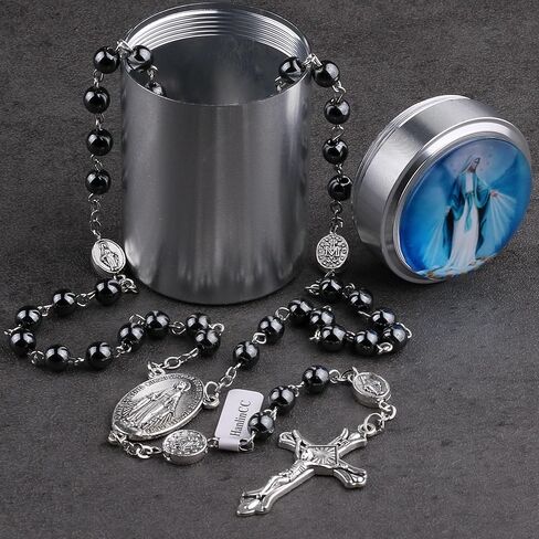HanlinCC 6 مم خرز حجر الهيماتيت الأسود معجزة، لورد، غوادالوبي، سانت مايكل، قلادة مسبحة كاثوليكية يسوع القلب الخائف مع صندوق هدايا معدني للرجال والنساء in Kuwait