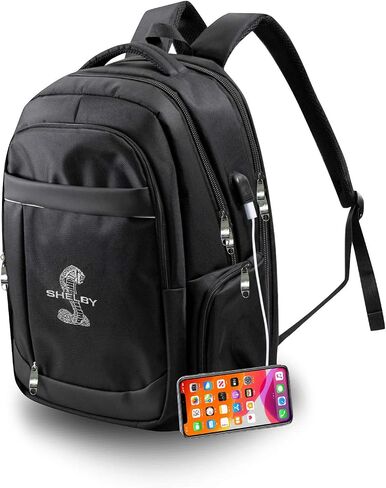 Shelby Vault Black Backpack | 1680D Polyester with Leatherette Trim and an Embroidered Shelby Logo | USB Port | TSA/Checkpoint Friendly Padded Sleeve that fits up to a 17" Laptop and a Tablet in Saudi Arabia