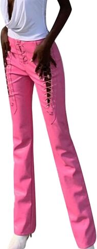 Women Lace Up PU Leather Pants Leggings Stretch High Waisted Hollow Out Bandage Trousers Y2K Streetwear in Saudi Arabia