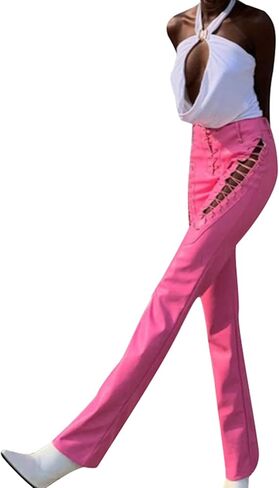 Women Lace Up PU Leather Pants Leggings Stretch High Waisted Hollow Out Bandage Trousers Y2K Streetwear in Saudi Arabia