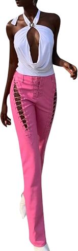 Women Lace Up PU Leather Pants Leggings Stretch High Waisted Hollow Out Bandage Trousers Y2K Streetwear in Saudi Arabia