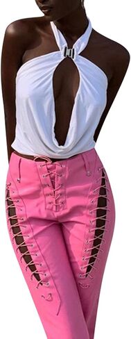 Women Lace Up PU Leather Pants Leggings Stretch High Waisted Hollow Out Bandage Trousers Y2K Streetwear in Saudi Arabia