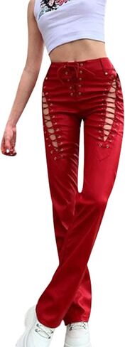 Women Lace Up PU Leather Pants Leggings Stretch High Waisted Hollow Out Bandage Trousers Y2K Streetwear in Saudi Arabia