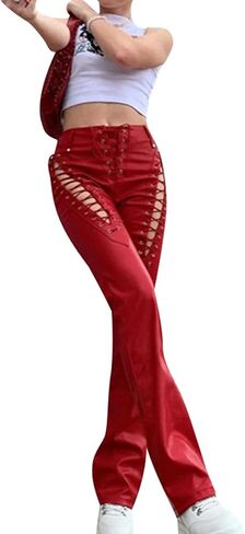 Women Lace Up PU Leather Pants Leggings Stretch High Waisted Hollow Out Bandage Trousers Y2K Streetwear in Saudi Arabia