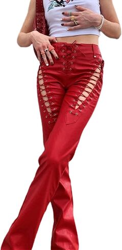 Women Lace Up PU Leather Pants Leggings Stretch High Waisted Hollow Out Bandage Trousers Y2K Streetwear in Saudi Arabia