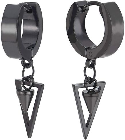 Men Women Stainless Steel Huggie Hinged Hoop Earrings with Dangling Cone and Open Triangle in Saudi Arabia