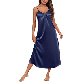 ouansyltg Women Long Satin Nightgown Silk Slip Dress Sexy V Neck Sleepwear Loose Sleeveless Nightshirt