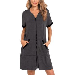 SWOMOG Women Zipper Up Robe Short Sleeves Nightgown Zip Front Housecoat Soft Bathrobe with Pockets