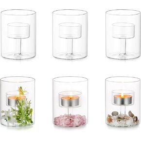 Glasseam Glass Tealight Candle Holder, Clear Hurricane Candle Holder Set of 6, Modern Cylinder Candle Holders, Small Candle Holders for Table Centerpiece Wedding Christmas Party Decorations, 3.15’’
