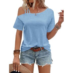 PGANDS Women's Tops Short Sleeve Cold Shoulder T Shirt Sexy Summer Tee Solid Loose Casual Blouse