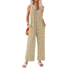 Ekouaer Women's Sleeveless Jumpsuits Ribbed Adjustable Spaghetti Strap Loose Long Pants Romper Jumpsuit with Pockets 2024