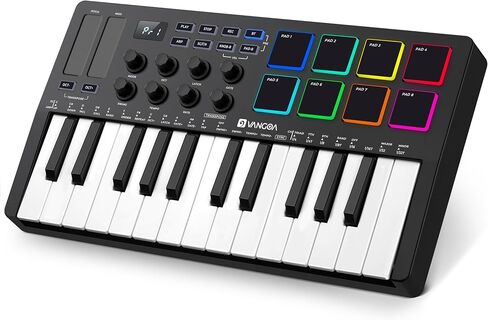 Vangoa 25 Keys Midi Keyboard Controller, Mini Portable Beat Maker Machine with Backlit Drum Pads, 8 Knoks, 8 RGB Beating Pad for Music Production, Velocity Sensitive, LED Display, Arpeggiator, Black in Saudi Arabia