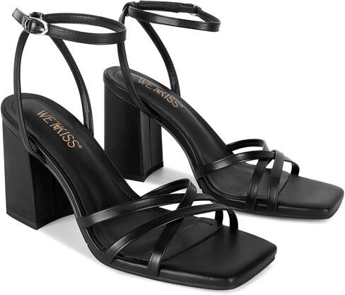 كعب مكتنز من ويت كيس للنساء بكعب عريض للنساء 3.35 بوصة ارتفاع الكعب مع حزام كاحل قابل للتعديل مربع مفتوح عند الأصابع لحفلات العودة للوطن، ذهبي أسود وأبيض in Kuwait