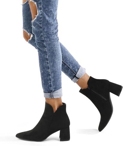 mysoft Women's Ankle Boots Chunky Block Low Heel Comfortable Pointed Toe Side V Cutout Dressy Office Booties with Zipper in Kuwait
