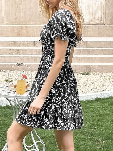 Imily Bela Womens Summer Dress Ruffle Sleeve Sqaure Neck Smocked Sun Dress Casual Boho Beach Floral Mini Dress in Saudi Arabia