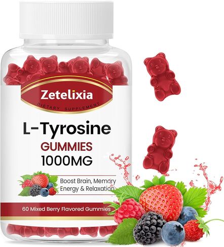 L-Tyrosine Gummies 1000mg، مكمل L-Theanine Gummy 200mg، L-Tyrosine خالي من السكر مع مكملات الطاقة فيتامين B6 للبالغين والأطفال - نباتي (60 قطعة) in Kuwait