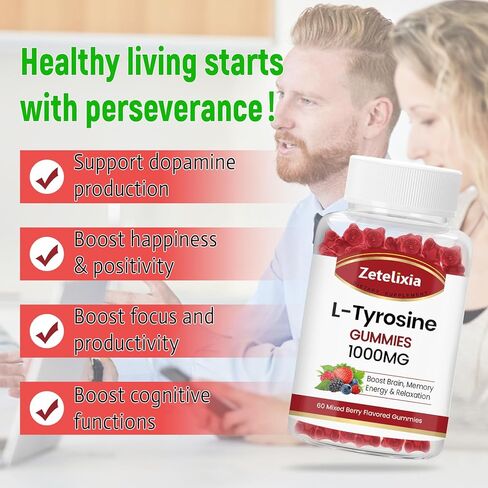 L-Tyrosine Gummies 1000mg، مكمل L-Theanine Gummy 200mg، L-Tyrosine خالي من السكر مع مكملات الطاقة فيتامين B6 للبالغين والأطفال - نباتي (60 قطعة) in Kuwait