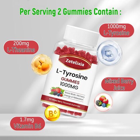L-Tyrosine Gummies 1000mg، مكمل L-Theanine Gummy 200mg، L-Tyrosine خالي من السكر مع مكملات الطاقة فيتامين B6 للبالغين والأطفال - نباتي (60 قطعة) in Kuwait