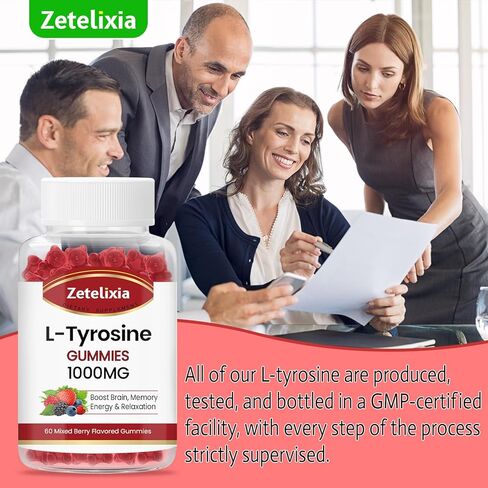 L-Tyrosine Gummies 1000mg، مكمل L-Theanine Gummy 200mg، L-Tyrosine خالي من السكر مع مكملات الطاقة فيتامين B6 للبالغين والأطفال - نباتي (60 قطعة) in Kuwait