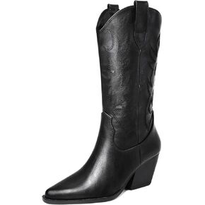 Mostrin Cowgirl Cowboy Boots Square Toe Mid-Calf Boot Chunky Block Heeled Pull On Western Boot