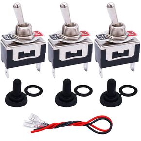 TWTADE 3 Pcs Toggle Rocker Switches SPST ON/OFF 2 Pin 2 Position 16A 250VAC Spade Terminal Heavy Duty Metal Boat Switch with Waterproof Boot Cap + 6.3mm Terminal Wires TEN-1021MZX-B101