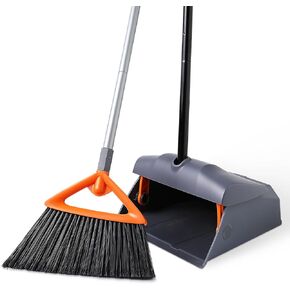 Heavy Duty Broom with Dustpan Combo Set Indoor and Outdoor Dual Purpose,Stiff Bristle Commercial Angle Broom and Standing Dust Pans with Long Handle for Sweeping Home,Kitchen,Yard,Grey