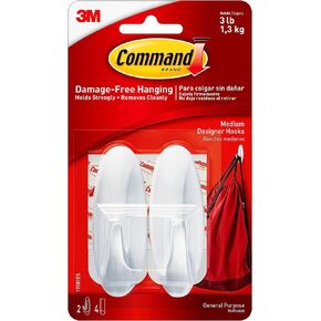 Command Medium Designer Hooks, Damage Free Hanging Wall Hooks with Adhesive Strips, No Tools Wall Hooks for Decorations in Living Spaces, 2 White Hooks and 4 Command Strips