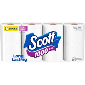 Scott 1000 Toilet Paper, 8 Rolls, Septic-Safe, 1-Ply Toilet Tissue