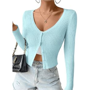 SHENHE Women's Ribbed Knit Button Down V Neck Lightweight Cropped Cardigan Sweater