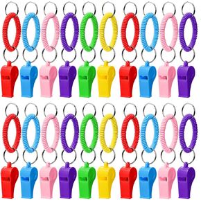 Hedume 30 Pcs Sport Whistle with Bracelet, 6 Colors Loud Plastic Whistles with Stretchable Coil Wrist Keychain Ring for Coaches, Referees, Officials, Birthday Party Gift, Emergency Training