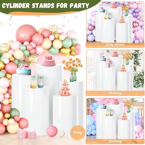 White Cylinder Stand for Party Pedestal Stand Set of 3 Cylinder Stands Round Cylinder Pedestal Stands for Parties Dessert Table Display Pillars Cake Stand Cylinder for Wedding Birthday Props in Saudi Arabia