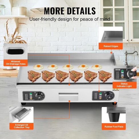 VEVOR Commercial Electric Griddle, 4400W Countertop Flat Top Grill, 122℉-572 ℉ Adjustable Temp, 28.74 x 15.75 x 0.39in Stainless Steel Griddle Grill with 2 Shovels and 2 Brushes for Home or Restaurant in Saudi Arabia